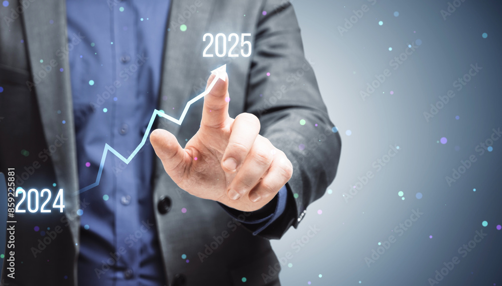 Poster A person in a business suit interacts with a futuristic holographic graph displaying the years 2024 and 2025, concept of forecasting or trend analysis on a blurred background with bokeh lights