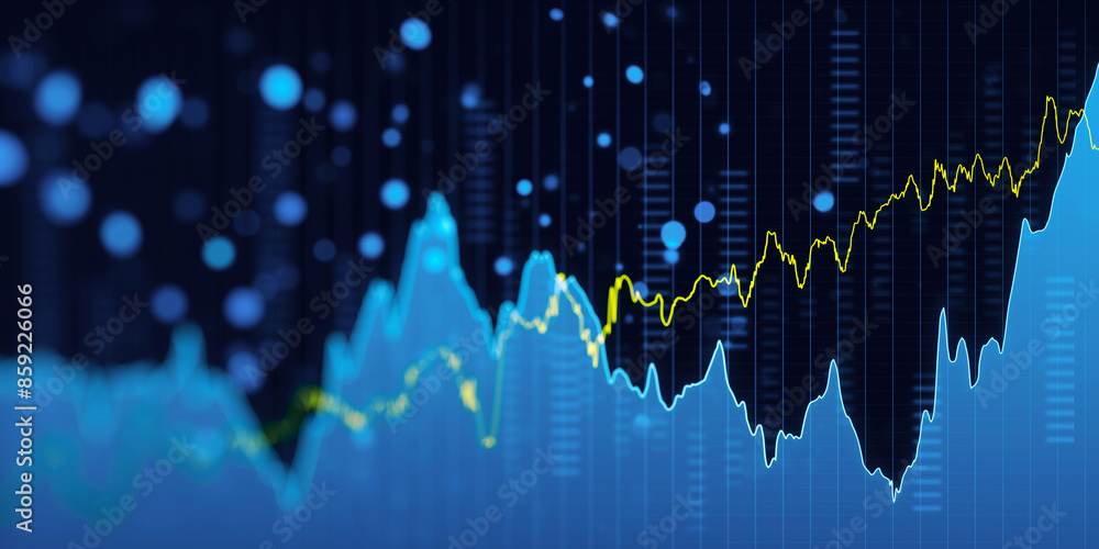 Poster abstract financial graphs overlaid on a blurred cityscape, with a blue and black color scheme, symbo