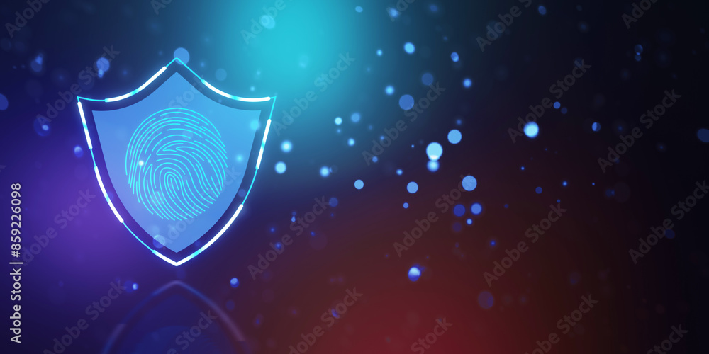 Poster A glowing blue shield featuring a fingerprint pattern on a dark, bokeh-dotted background, symbolizing digital security. 3D Rendering