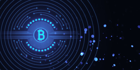 Digital illustration of the Bitcoin emblem with circular patterns on a dark blue background, symbolizing cryptocurrency technology. 3D Rendering