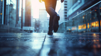 High-definition profile shot of a businessperson taking a purposeful step, emphasizing realism and dynamic movement. Urban backdrop adds depth and context.