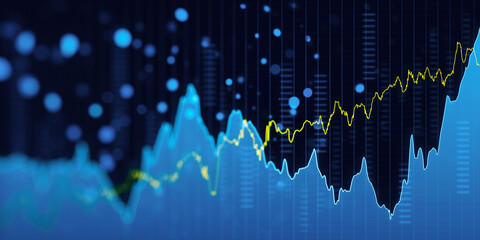 Abstract financial graphs overlaid on a blurred cityscape, with a blue and black color scheme, symbolizing economic trends and market data analysis. 3D Rendering