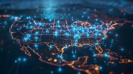 Digital map of USA, concept of North America global network and connectivity, data transfer and cyber technology, information exchange and telecommunication