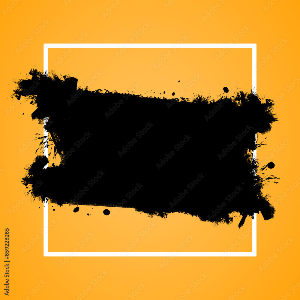 Poster Abstract black brush stroke and splatter on yellow background with white frame, concept of artistic design template. 3D Rendering