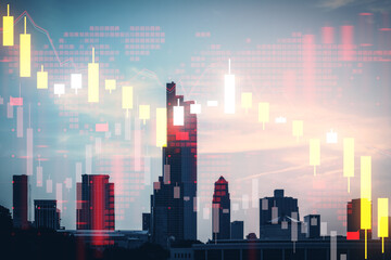 Cityscape with stock market chart overlay, depicting a business concept on an evening sky background