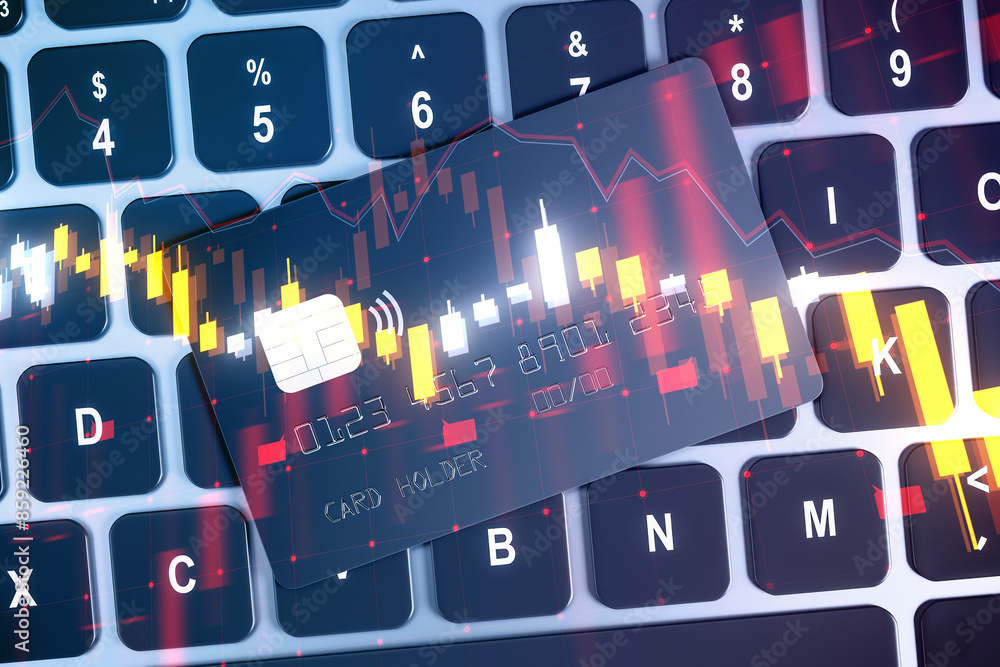 Poster a creative double exposure concept with hologram of financial graphs over a computer keyboard, blend