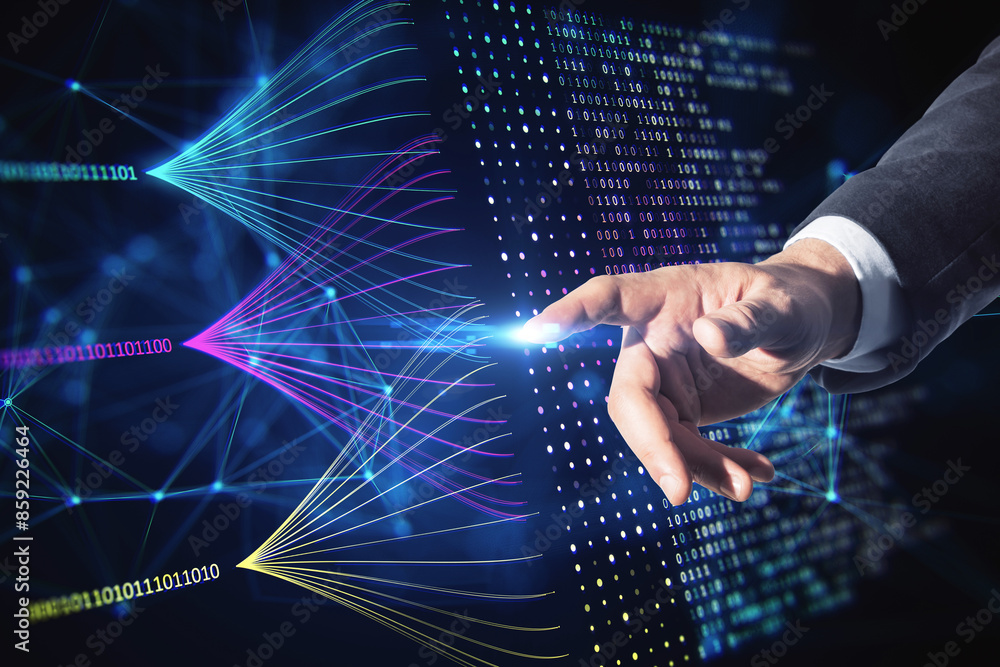 Poster A hand interacting with futuristic digital data streams on a dark background, representing the concept of big data and cloud technology