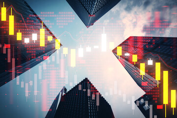 A creative double exposure image mixing cityscape with financial graphs, on a cloudy sky background, representing a business concept