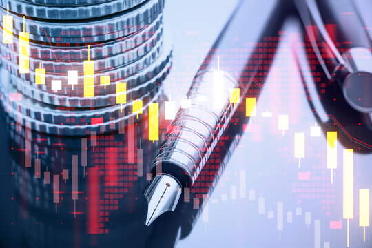 A double exposure of a fountain pen with financial graphs, skyscrapers, and digital overlays on a blue-toned background, concept of business analytics