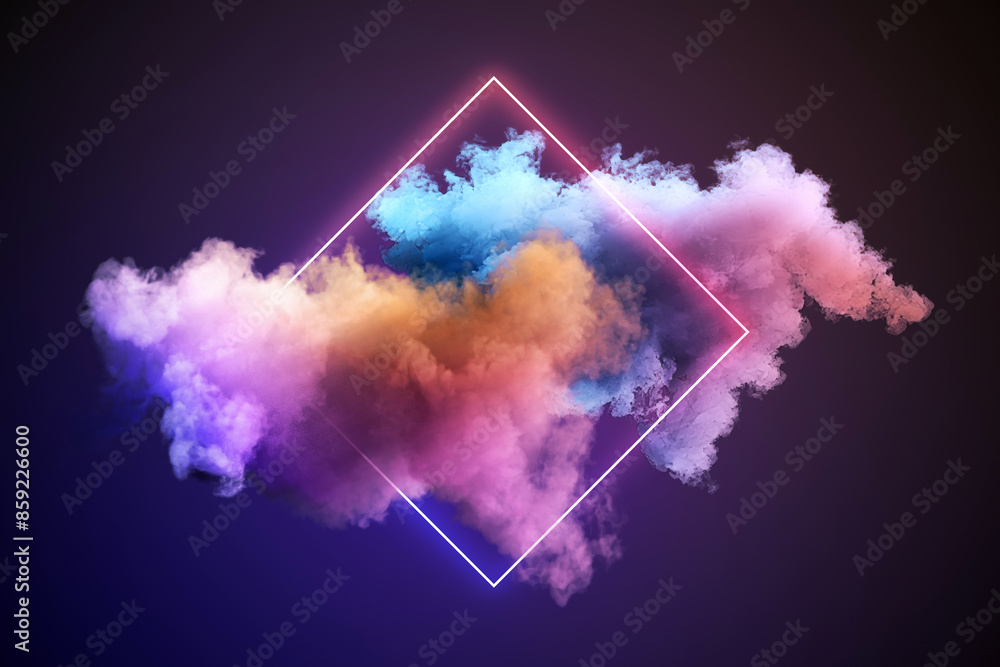 Poster multicolored smoke inside a neon diamond shape on dark background, conceptual design. 3d rendering