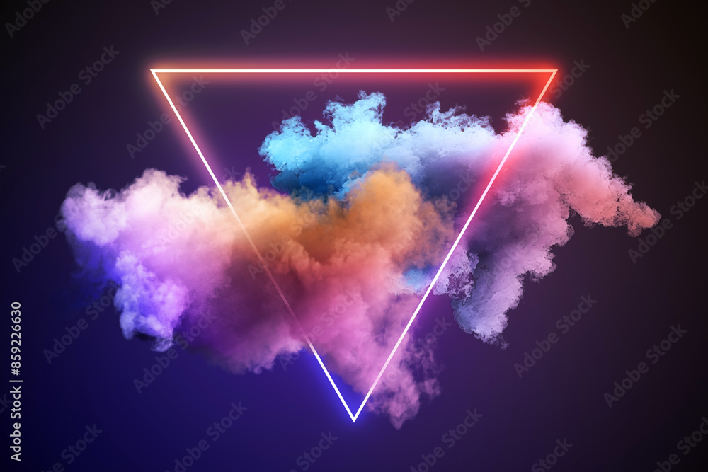 Poster a triangle neon sign with multicolored smoke on a dark background, concept of modern design. 3d rend