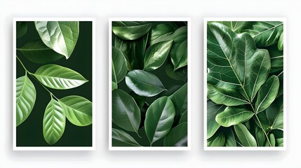 Set of three posters with green leaves. Plant art design