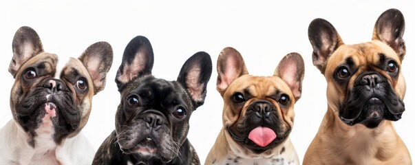 Obraz premium Group of French bulldogs looking forward against white background, studio shot. Adorable canine close-up concept