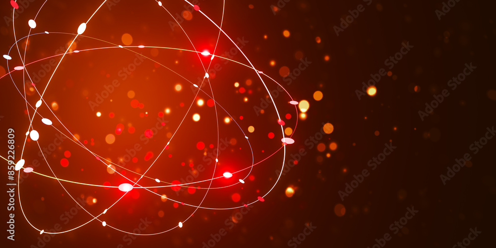 Poster Abstract network lines and light dots on a warm-toned bokeh background, featuring a modern design concept with copyspace. 3D Rendering