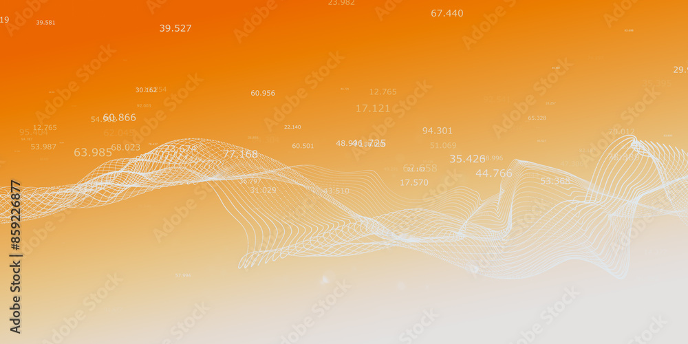 Poster Abstract digital wave with numerical data on a warm orange gradient background, representing analytics or information flow concept. 3D Rendering