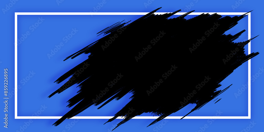 Poster abstract black brush strokes on a blue background framed by a white border, conveying a creative des