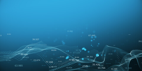 Digital landscape with dynamic lines and numerical data on a blue background, concept of data analysis. 3D Rendering