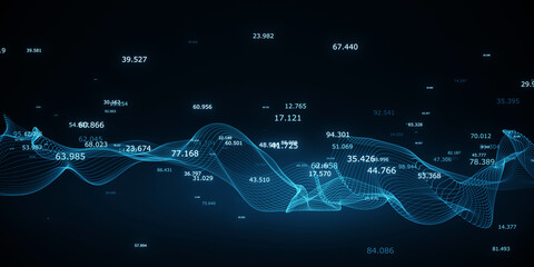 Digital wireframe waves with numerical data, blue technical background, visualization concept. 3D...