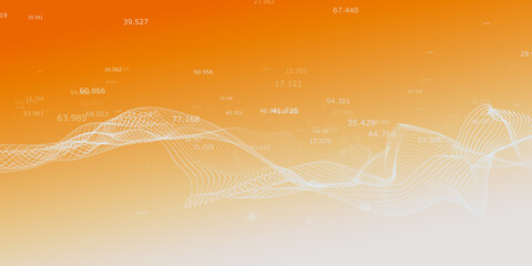 Abstract digital wave with numerical data on a warm orange gradient background, representing analytics or information flow concept. 3D Rendering