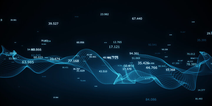 Digital wireframe waves with numerical data, blue technical background, visualization concept. 3D Rendering