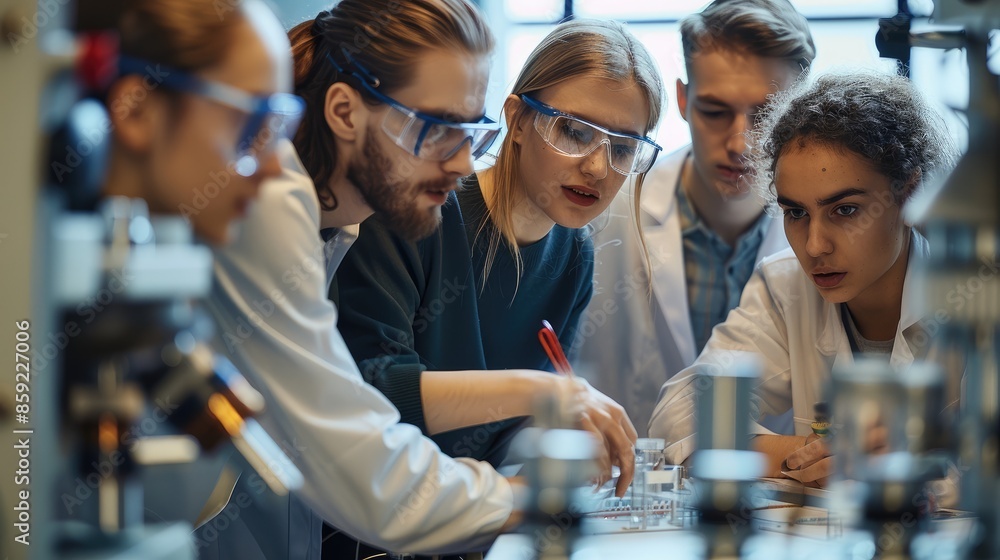 Poster A group of scientists working with joy and commitment on a physics project. The cohesion of the group can be seen. New colleague looks interested and open-minded. Generative AI.