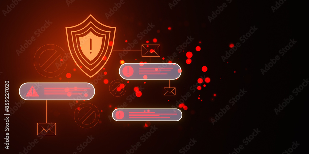 Poster Cybersecurity concept with shield icon and digital elements on a dark red background, creative digital graphic. 3D Rendering