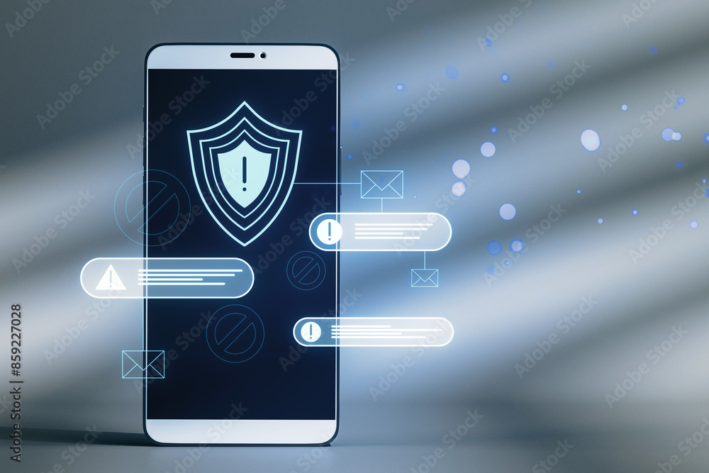 Poster smartphone interface with security icons on a blue abstract background, concept of digital protectio