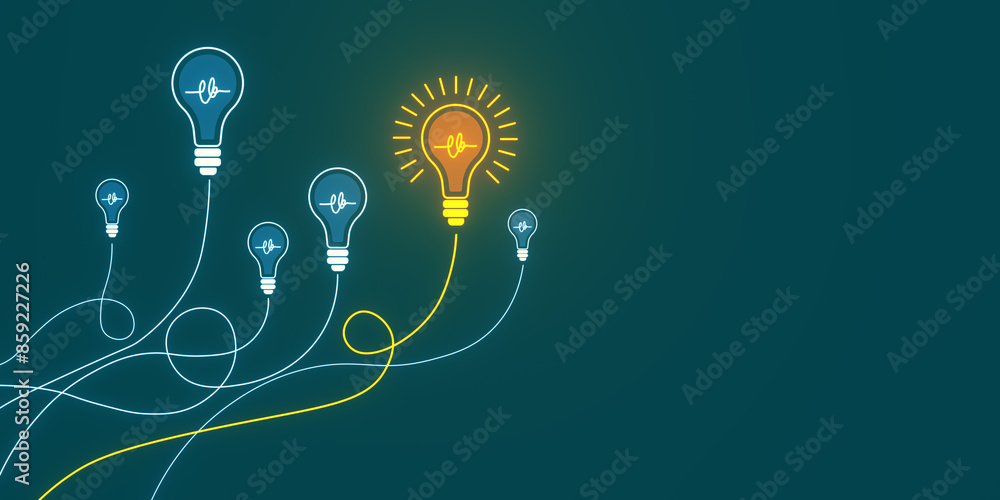 Poster a series of lightbulbs leading to a brightly lit bulb, illustrating a concept of a standout idea, ag