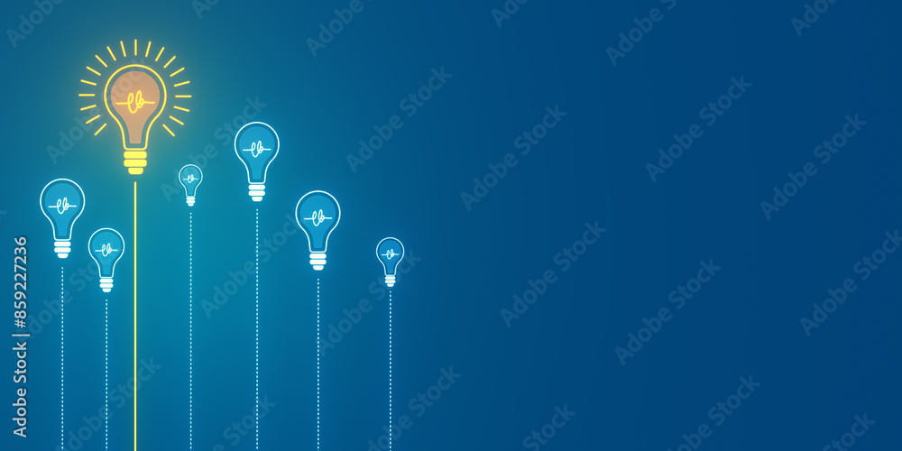Poster multiple lightbulbs forming a growth chart on blue background, symbolizing a concept of creative ide