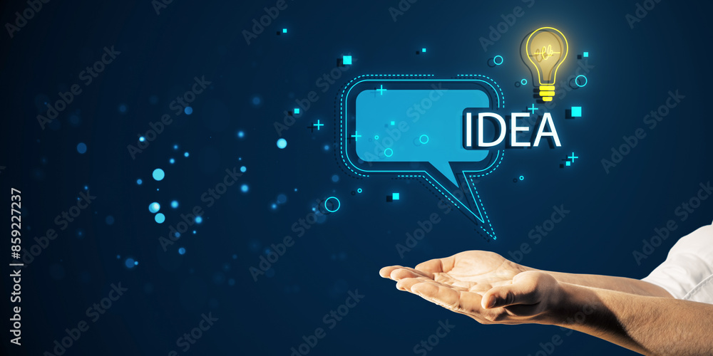 Poster a digital graphic of a hand and a lightbulb inside a speech bubble with the word idea against a blue