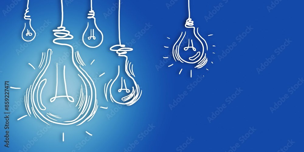 Poster A series of lightbulb sketches in white on a blue background, symbolizing concepts of ideas and creativity. 3D Rendering