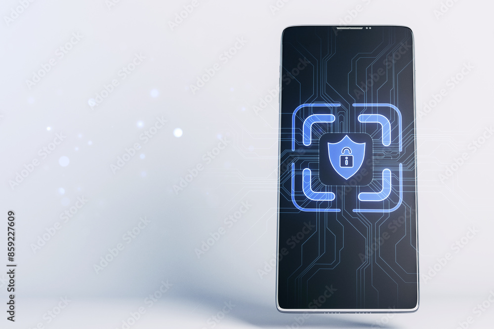 Poster A smartphone with a digital cybersecurity lock hologram on screen against a light grey background, symbolizing data protection. 3D Rendering