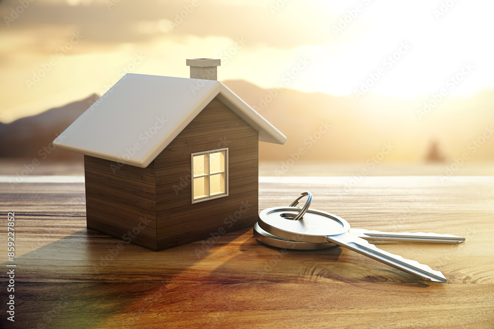 Poster a miniature house model with keys on a wooden surface, sunset background, concept of home ownership.