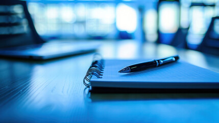 High-resolution image of a notepad and pen on a table, prepared for a meeting in a professional setting with a blue color scheme. Ideal for business concepts and presentations.