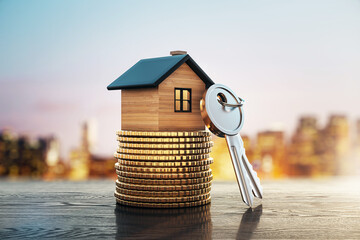A miniature wooden house atop a stack of coins, key beside it, blurred cityscape in the background, concept of real estate investment. 3D Rendering