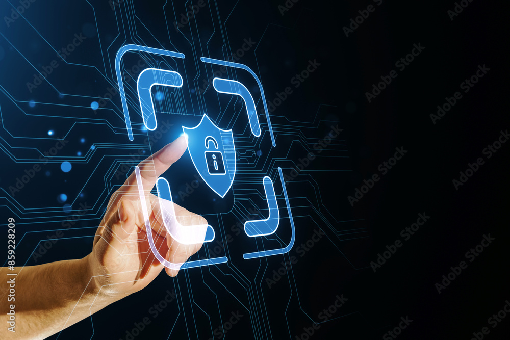 Poster A hand interacting with a digital hologram of a security shield, with a futuristic circuit background, illustrating cyber security concept