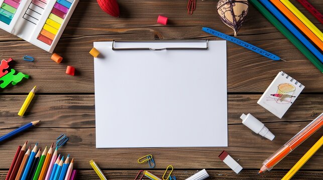 Blank White Card Surrounded by School Supplies on Wooden Tabletop