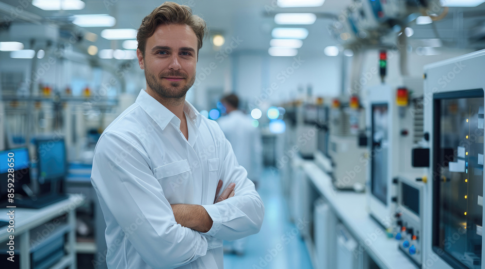 Poster an handsome electrician in a clean, modern production room within the pharmaceutical industry. stand