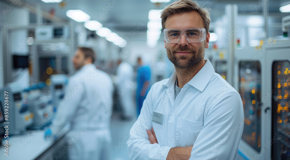 Poster an handsome electrician in a clean, modern production room within the pharmaceutical industry. stand