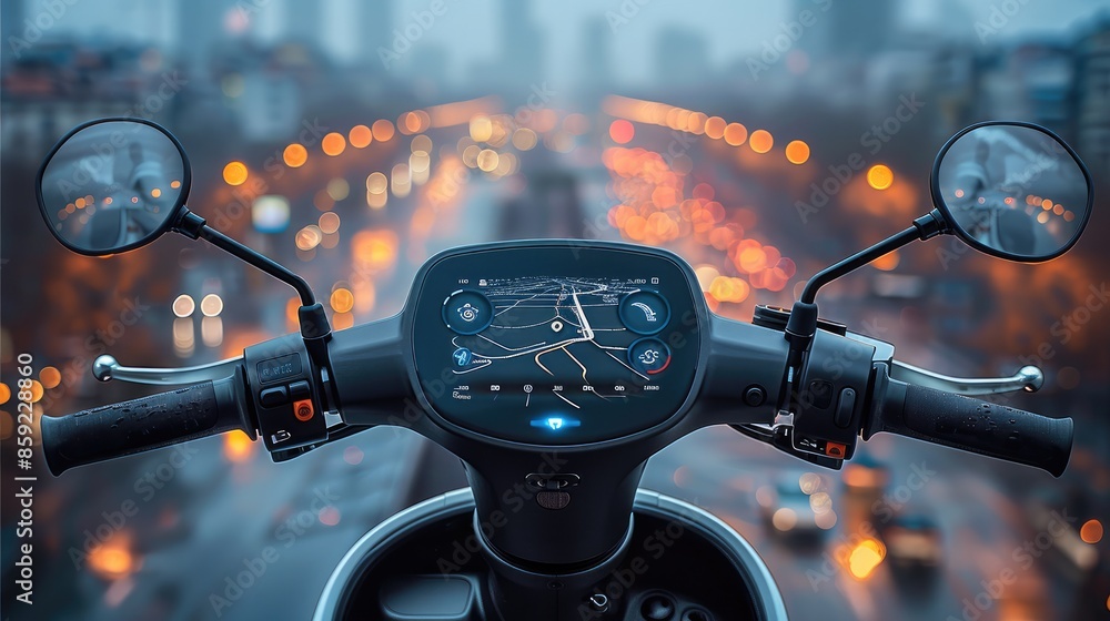 Poster A modern electric scooter handlebar dashboard. The dashboard should be in the center with a digital touchscreen display showing a navigation map. Generative AI.