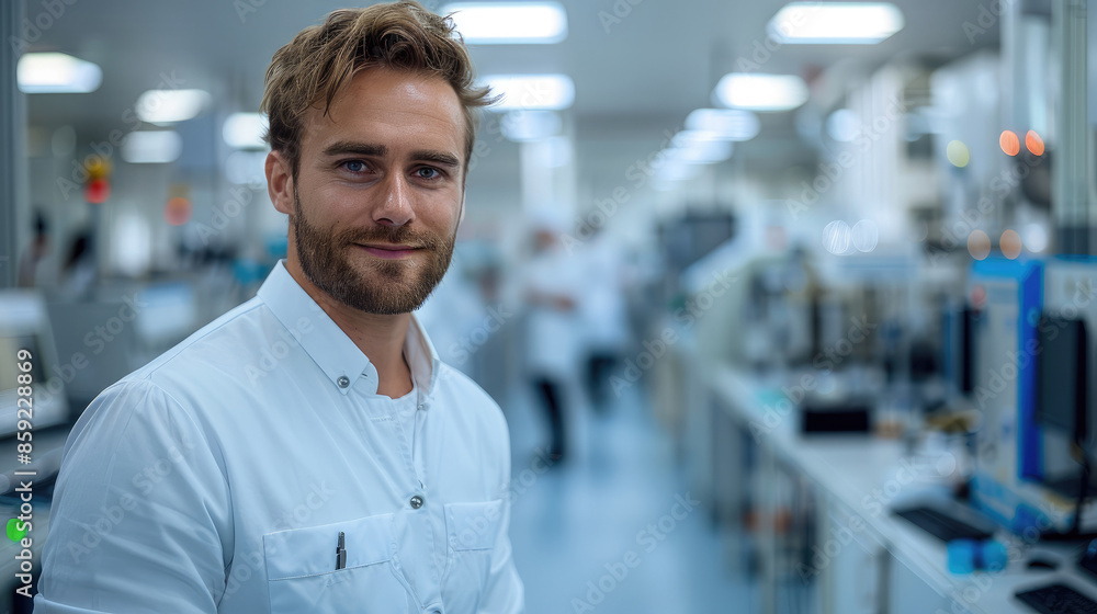 Poster an handsome electrician in a clean, modern production room within the pharmaceutical industry. stand