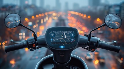 A modern electric scooter handlebar dashboard. The dashboard should be in the center with a digital touchscreen display showing a navigation map. Generative AI.