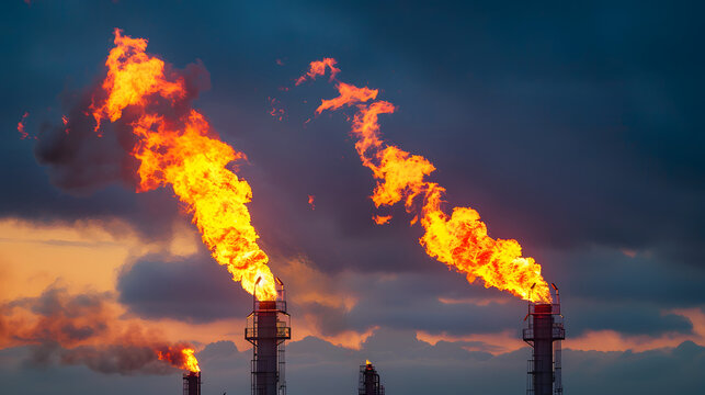 Flare stacks at oil refinery release combustion byproducts . Concept Oil Refinery Emissions, Industrial Pollution, Flare Stack Technologies