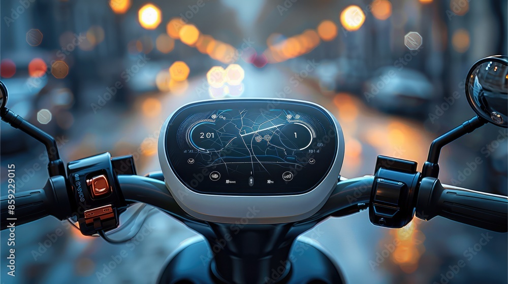 Poster A modern electric scooter handlebar dashboard. The dashboard should be in the center with a digital touchscreen display showing a navigation map. Generative AI.