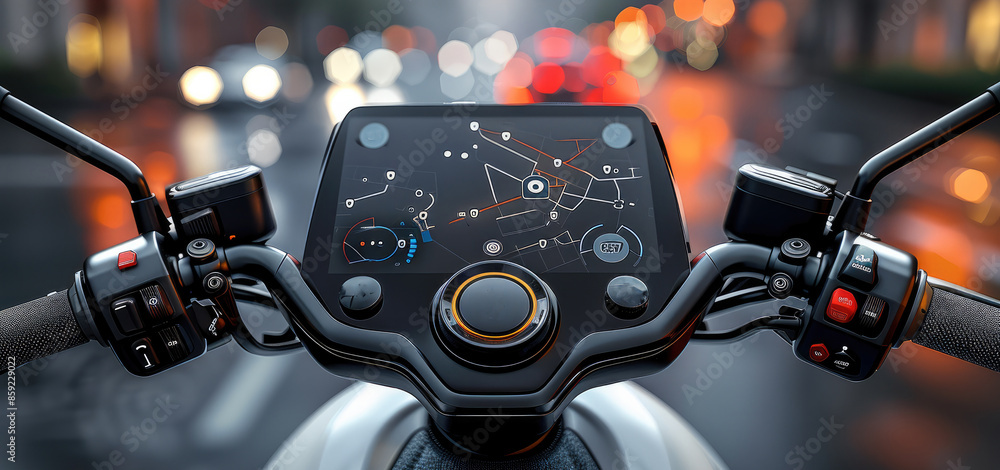 Poster A modern electric scooter handlebar dashboard. The dashboard should be in the center with a digital touchscreen display showing a navigation map. Generative AI.