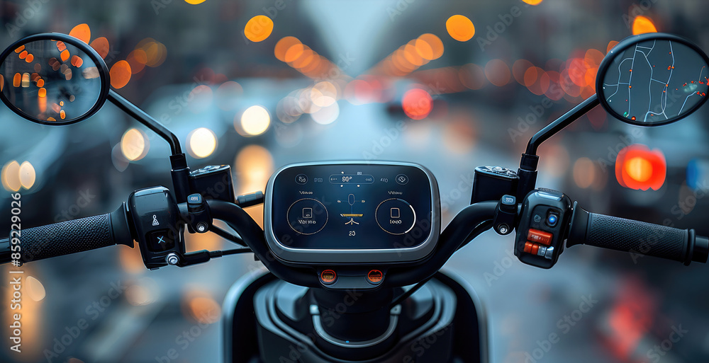 Poster A modern electric scooter handlebar dashboard. The dashboard should be in the center with a digital touchscreen display showing a navigation map. Generative AI.