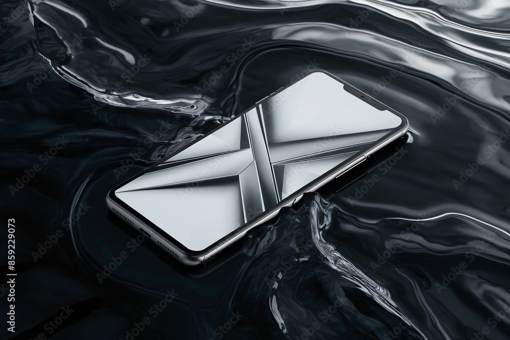 Poster a black and white image of a smartphone with a large x across the screen, laying on a surface made t