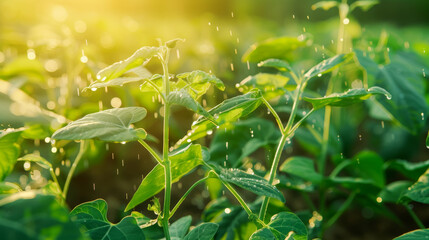 Close-up of lush green plants glistening with raindrops, bathed in warm sunlight as rain lightly falls, capturing the freshness of nature.