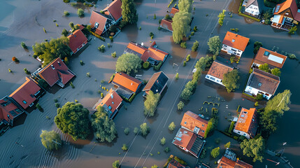 Obraz premium Flooding of a town from climate change Aerial view showing submerged houses. Concept Town Flooding, Climate Change Impact, Aerial View, Submerged Houses