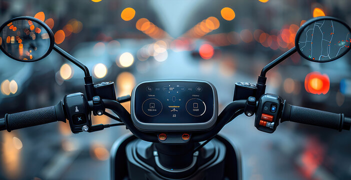 A modern electric scooter handlebar dashboard. The dashboard should be in the center with a digital touchscreen display showing a navigation map. Generative AI.